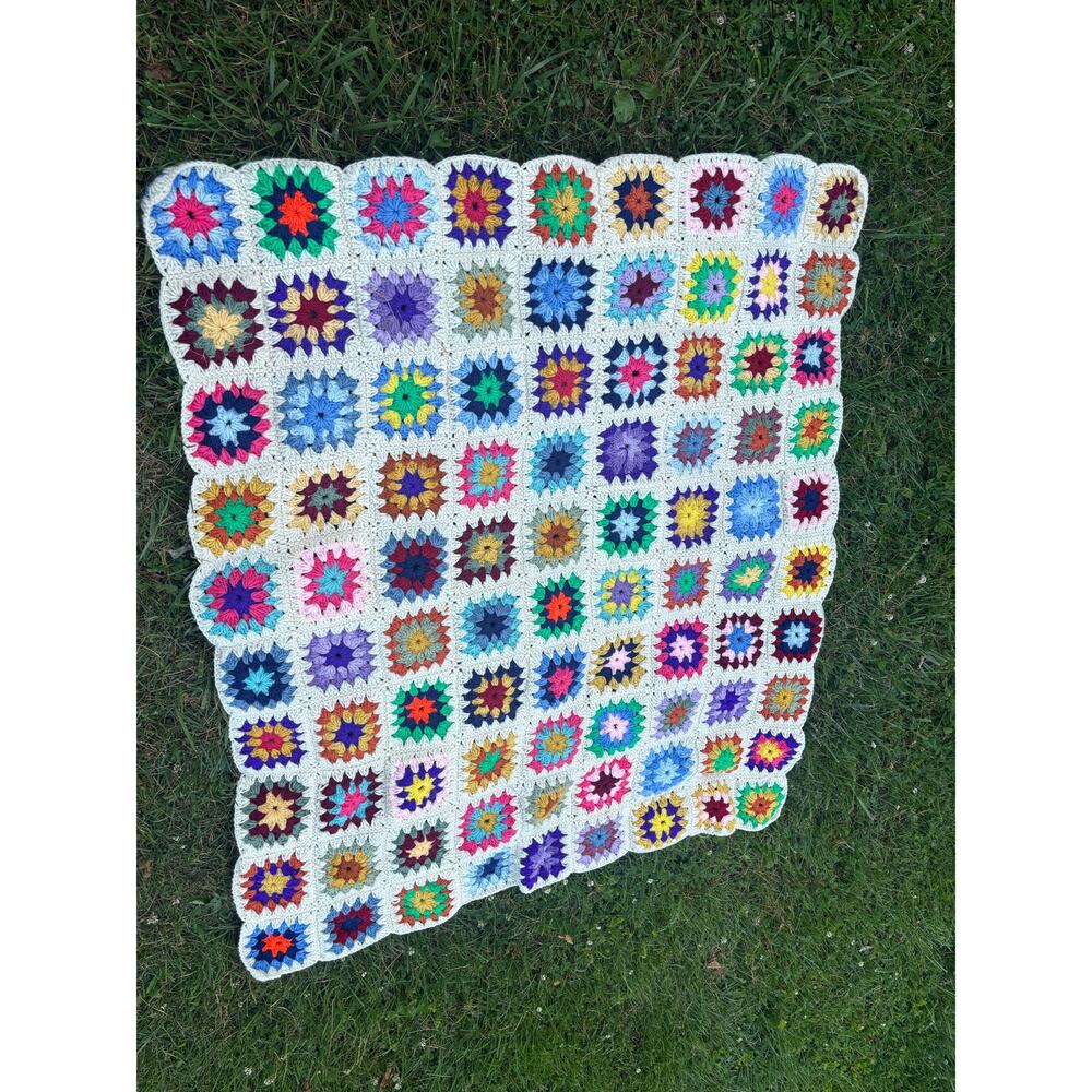 Handmade Granny Square Blanket 50x60 Colorful Crochet Afghan Boho Cottagecore - Picture 3 of 3